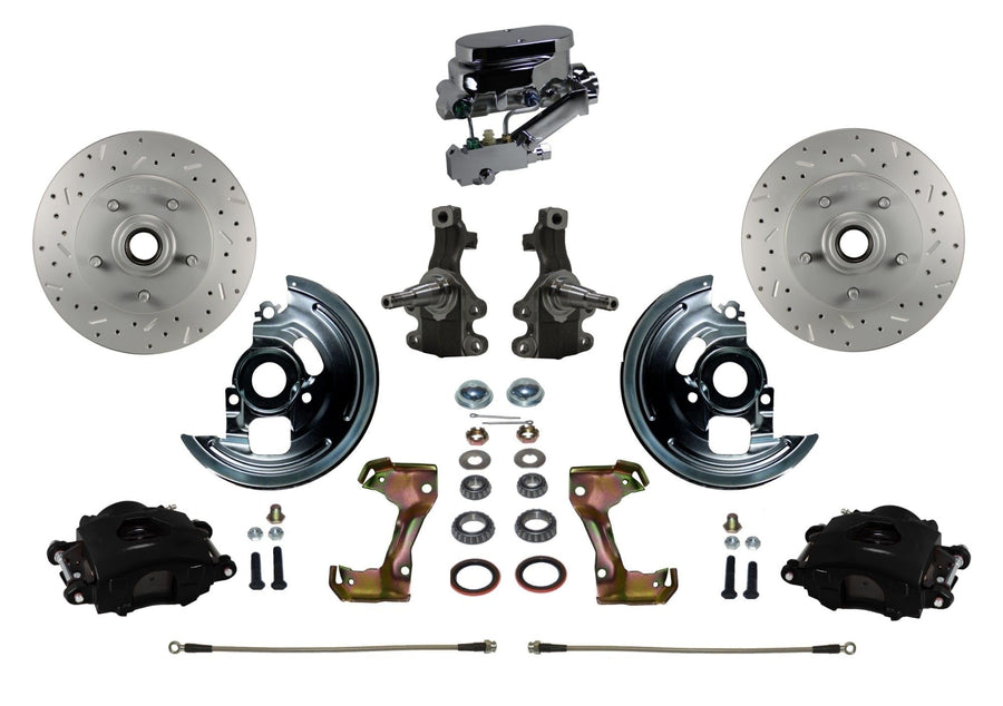 Front Manual Disc Brake Kit 2" Drop Spindle Cross Drilled And Slotted Rotors Black Powder Coated Calipers Chrome Aluminum M/C Disc/Disc