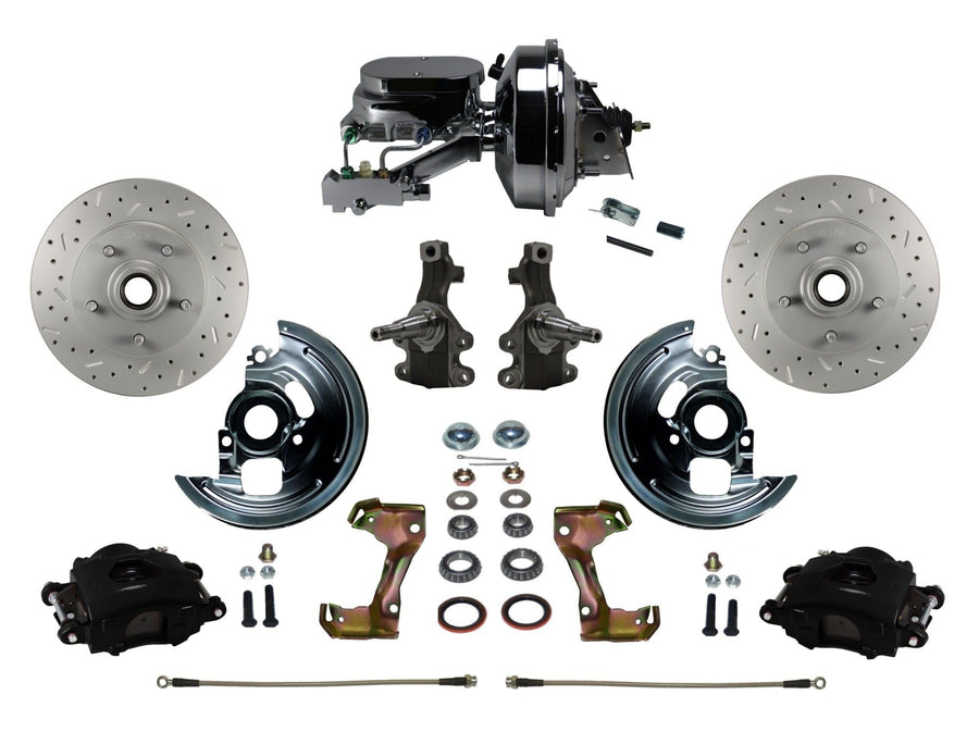 Power Front Disc Brake Kit LEED BRAKES 2" Drop Spindle Drilled And Slotted Rotors Black Powder Coated Calipers 9" Chrome Booster Chrome M/C Disc/Drum