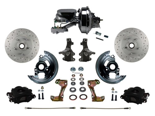 Power Front Disc Brake Kit LEED BRAKES 2" Drop Spindle Drilled And Slotted Rotors Black Powder Coated Calipers 9" Chrome Booster Chrome M/C Disc/Drum