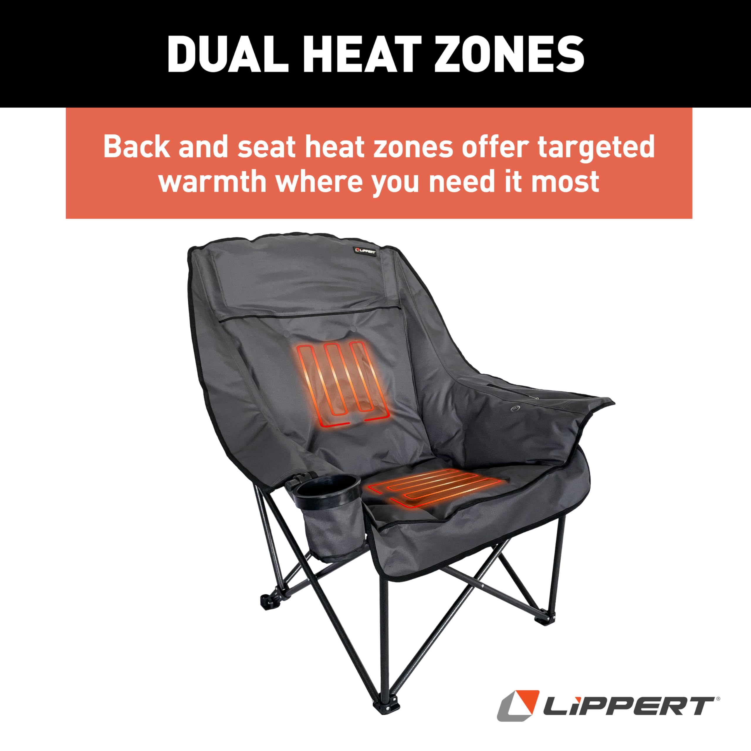 Lippert Heated Big Bear Dark Grey Folding Camping Chair with Power Bank, Two Heat Zones, 400-lb. Weight Capacity, 600D Polyester Fabric, High-Loft Cushioning, Zippered Carrying Bag - 2024043334
