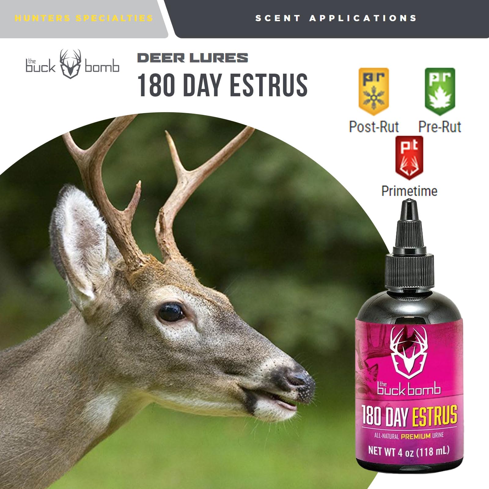 Hunters Specialties 180 Day Estrus Natural Buck Bomb Liquid Scent w/Wicks | Deer Buck Lure Hunting Primetime Post/Pre Rut Scent Attractant for Hunting, 4 Oz - 1 Bottle