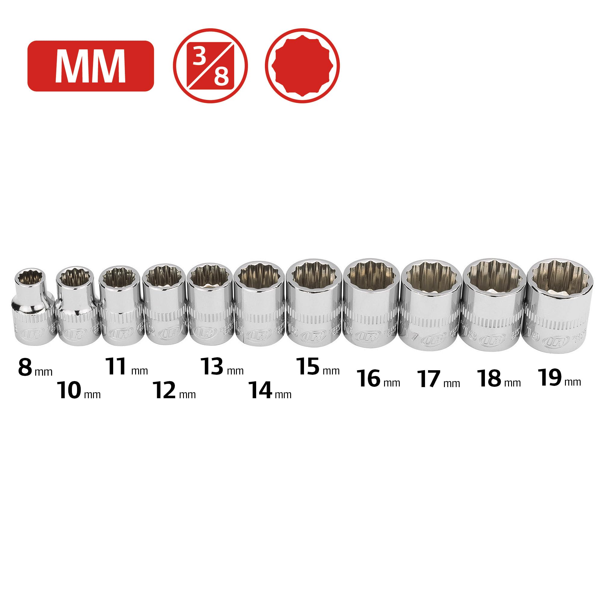 Ingersoll Rand 11-Piece Metric Shallow 3/8-Inch Drive Socket Set, 12-Point (8–19mm), Chrome Vanadium Steel, Mirror-Polish Finish, with Thermoform Organizer Tray – 752047