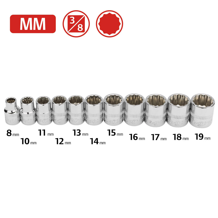 Ingersoll Rand 11-Piece Metric Shallow 3/8-Inch Drive Socket Set, 12-Point (8–19mm), Chrome Vanadium Steel, Mirror-Polish Finish, with Thermoform Organizer Tray – 752047