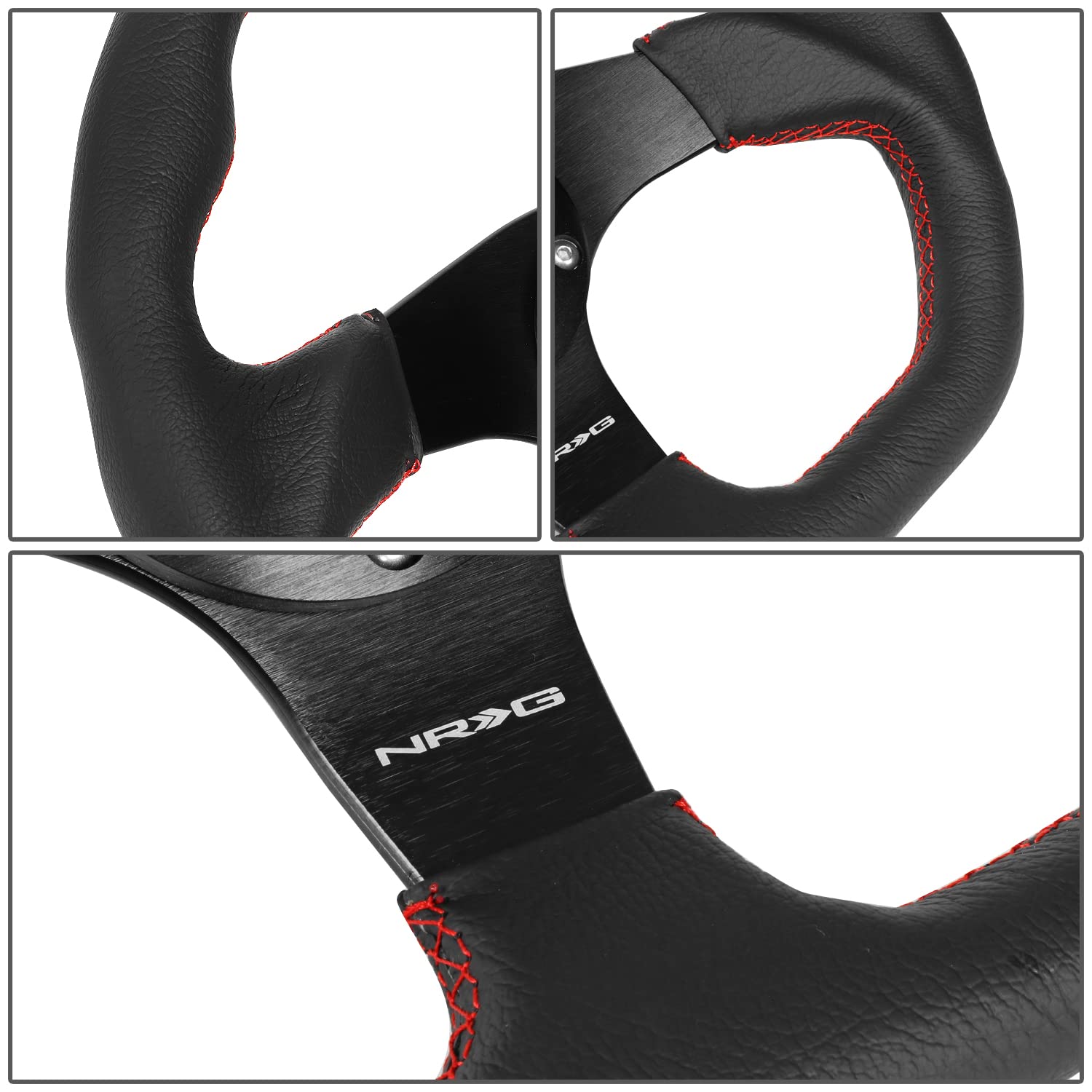 NRG Innovations Reinforced Steering Wheel NRG-RST-024MB-R-RD - 320mm Sport Leather Flat Bottom with Red Center Mark, Red Stitching