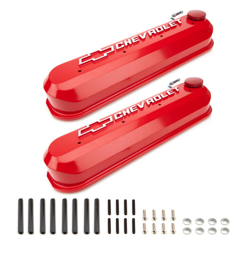 Proform LS Slant-Edge Valve Cover, Tall, Baffled, PCV Tube, Raised Chevrolet Bowtie Logo, Hardware Included, Aluminum, Red Paint