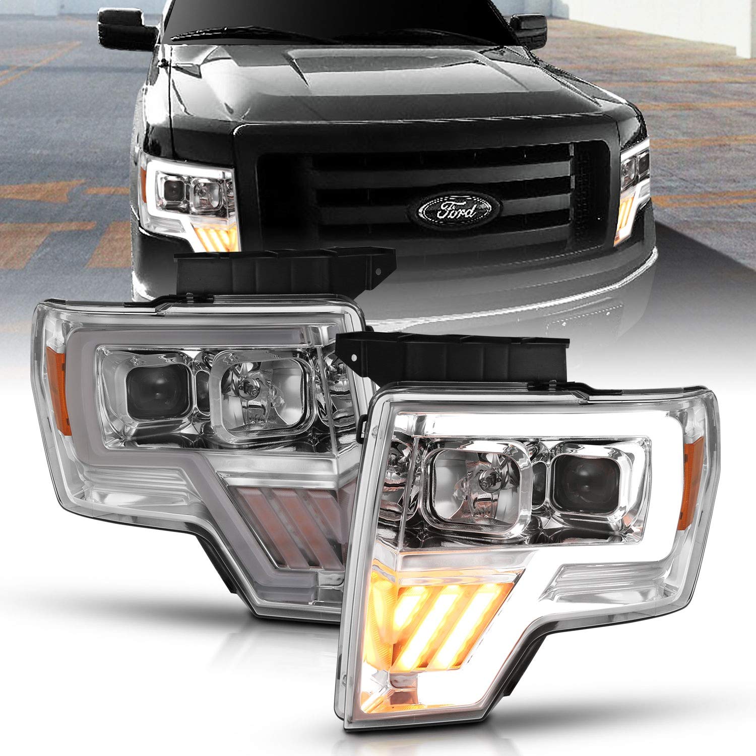 FORD F150 PROJECTOR PLANK STYLE HEADLIGHTS CHROME W/LED SIGNAL 09-14 (FOR HALOGEN MODEL)