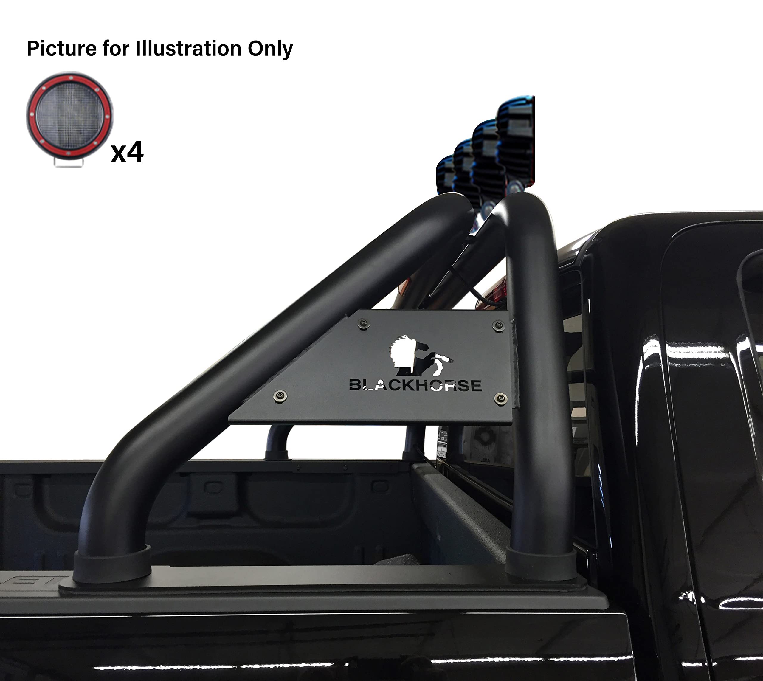 Classic Black Horse Roll Bar Incl. Set of 5.3" Dia.Led Lights w/Red Trim Rings Compatible with 99-22 Ford F-250 Super Duty|99-22 Ford F-350 Super Duty|99-22 Ford F-450 Super Duty-RB015BK-PLFR