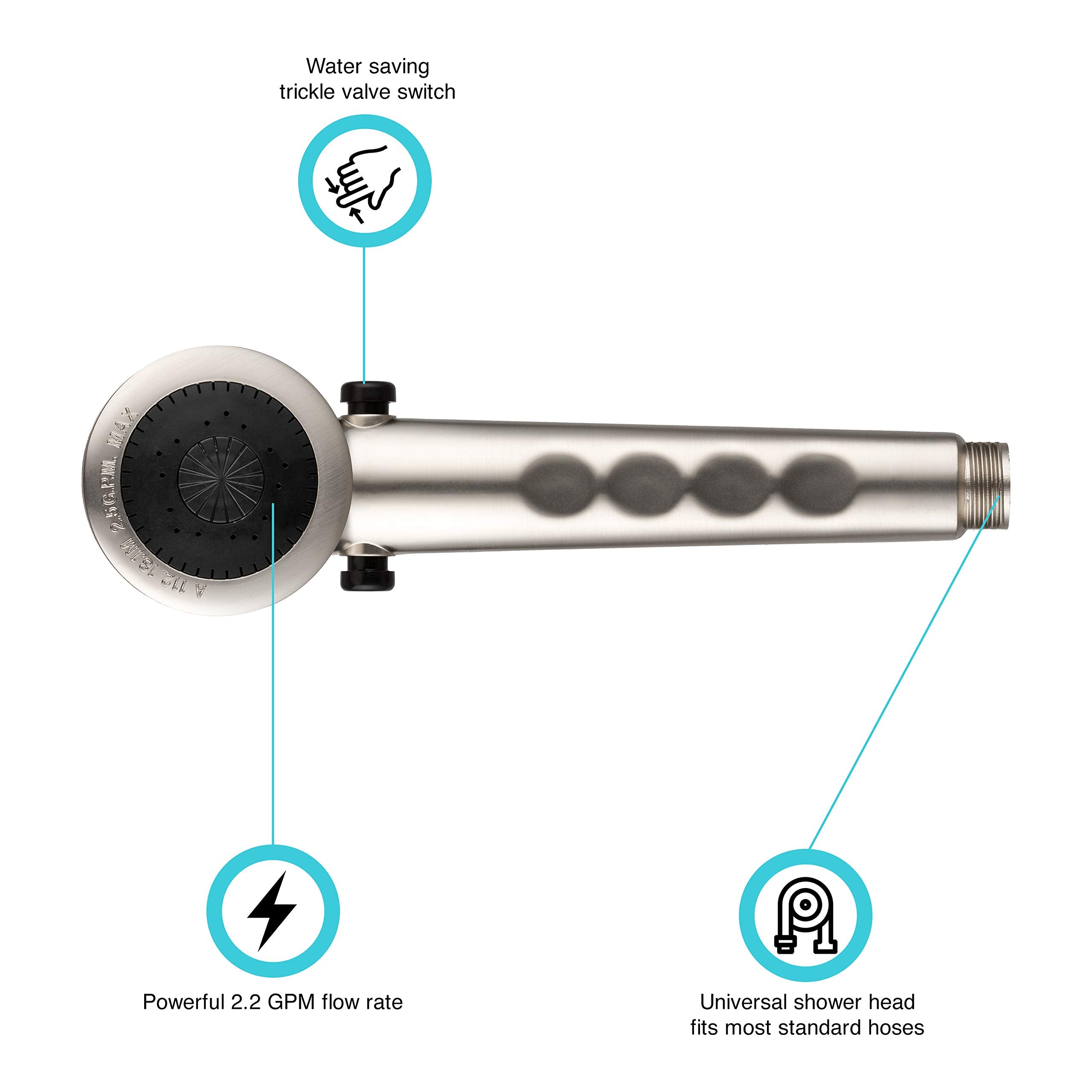 Dura Faucet Economical DF-SA135-SN Shower Head - Handheld Replacement RV Shower Head Wand - Universal Water Saving Shower Head with Flow Control Trickle Switch (Brushed Nickel)