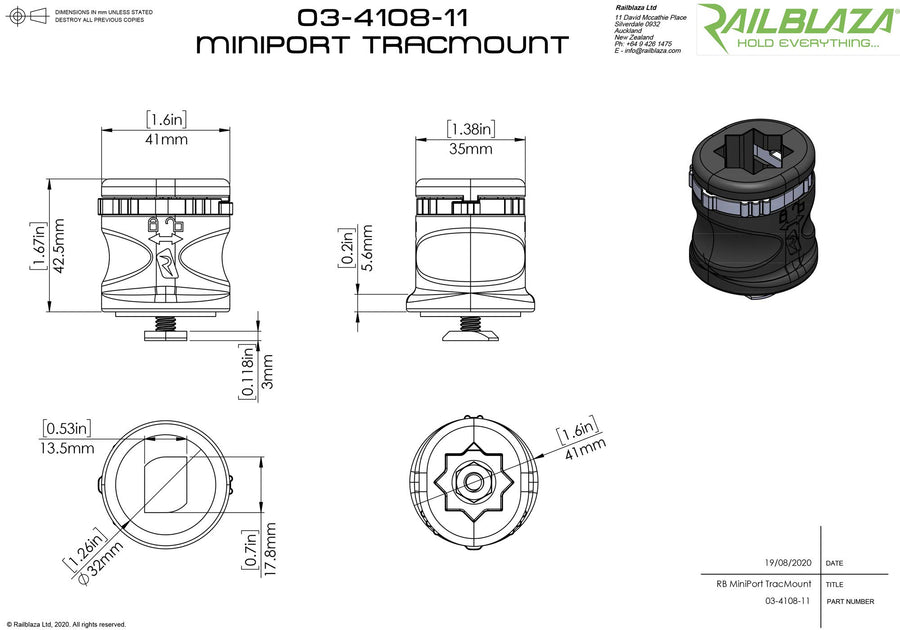 MiniPort RAILBLAZA Track Mount Base – Base for Kayak & Boat Accessories, Low-Profile Gear Mount Compatible with StarPort Accessories & TrackMount Systems, for Rod Holders, No Tool Installation
