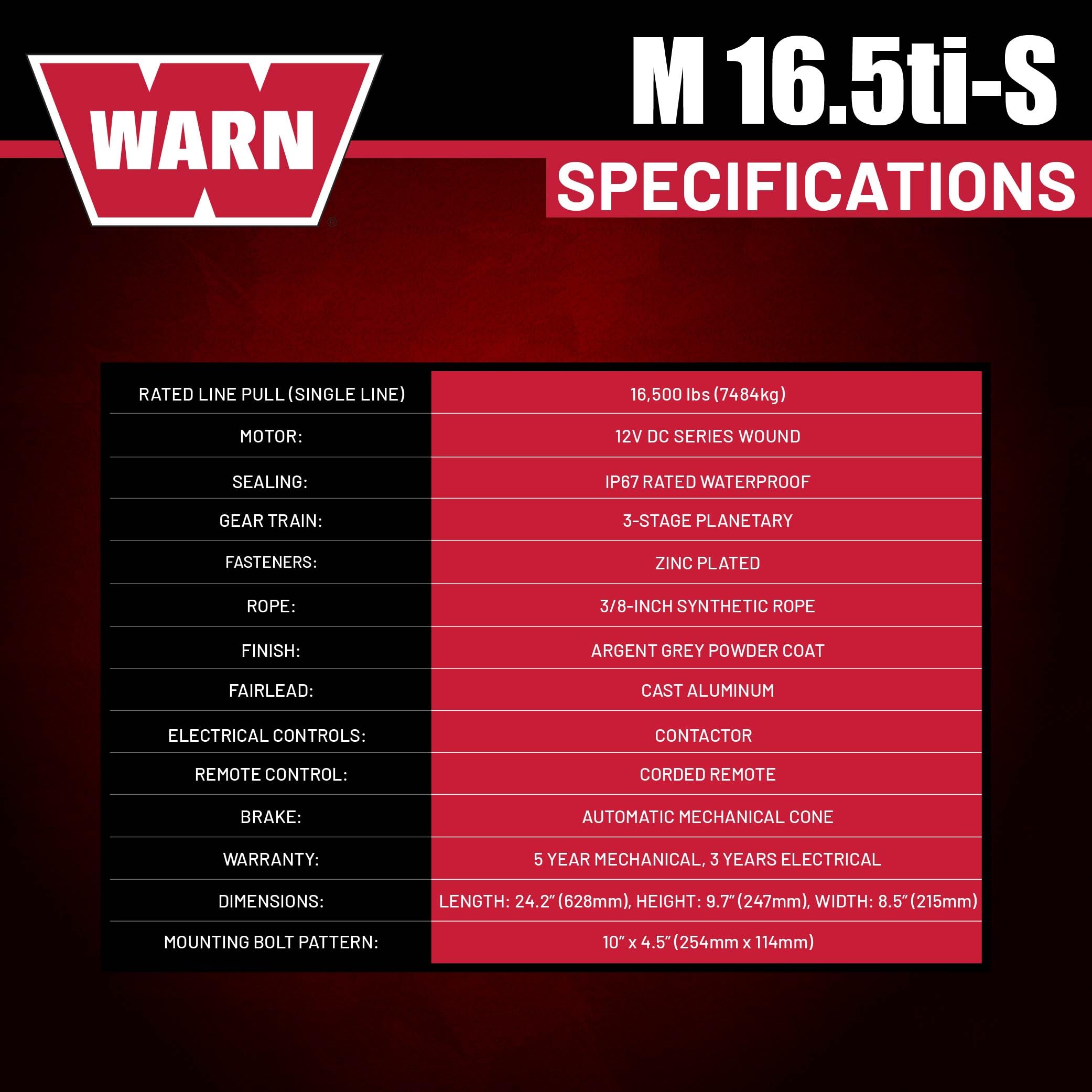 16.5ti-S WARN Heavyweight Winch – 16,500 lb Pulling Capacity, Synthetic Rope, Advanced Sealed Motor, Waterproof Design, All-Metal Gear Train for Off-Road Recovery & Industrial Use
