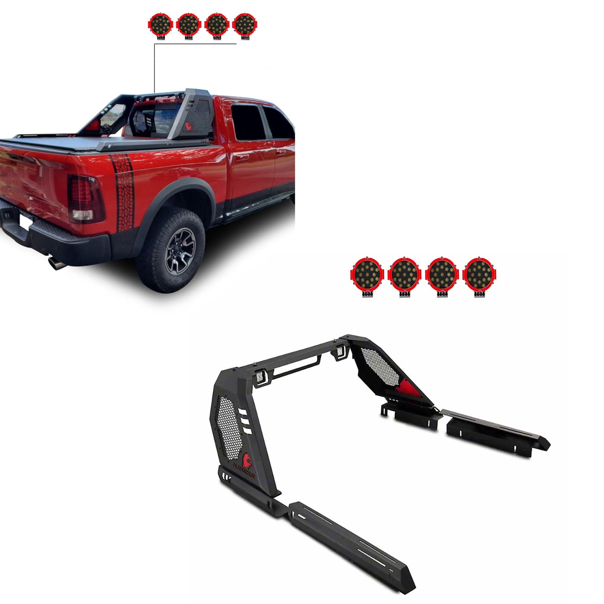 Vigor Roll Bar Black Horse w/Pair of 7.0" Dia.led Lights w/Red Trim Rings Modular Compatible with 07-25 Silverado 1500|07-25 Sierra 1500|09-10 Ram 1500|11-25 Ram 1500|09-25 F-150|07-25 Tundra