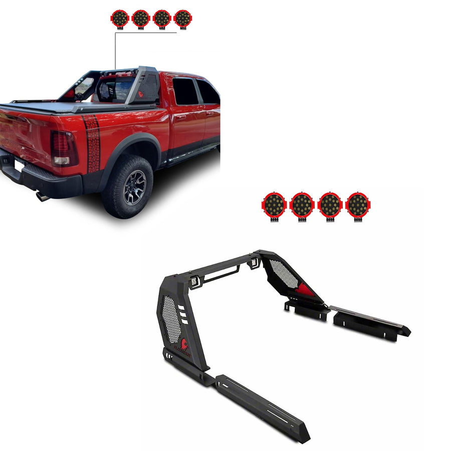 Vigor Roll Bar Black Horse w/Pair of 7.0" Dia.led Lights w/Red Trim Rings Modular Compatible with 07-25 Silverado 1500|07-25 Sierra 1500|09-10 Ram 1500|11-25 Ram 1500|09-25 F-150|07-25 Tundra