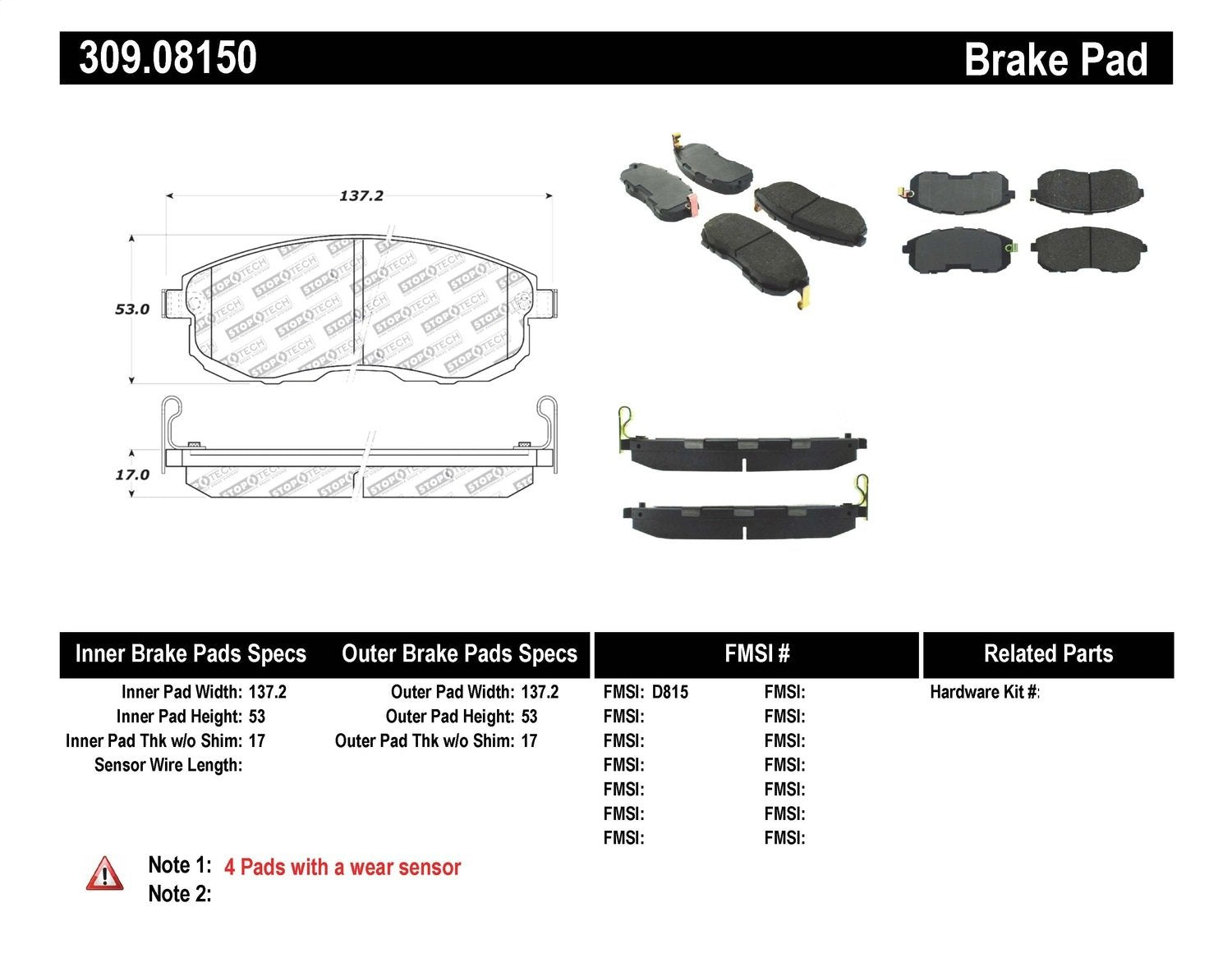 Sport Brake Pads StopTech 309.08150 with Shims and Hardware