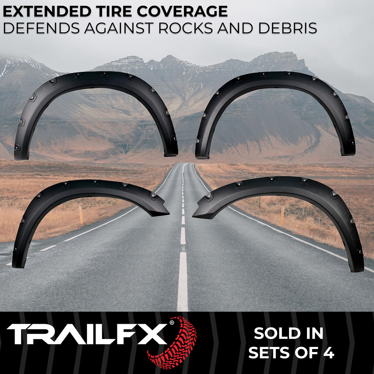 TrailFX Fender Flares Pocket Style for Ram 1500 2011-2018 Black Textured Paintable Polypropylene Set of 4 with Stainless and Black Steel Rivets TrailFX TFD3002T
