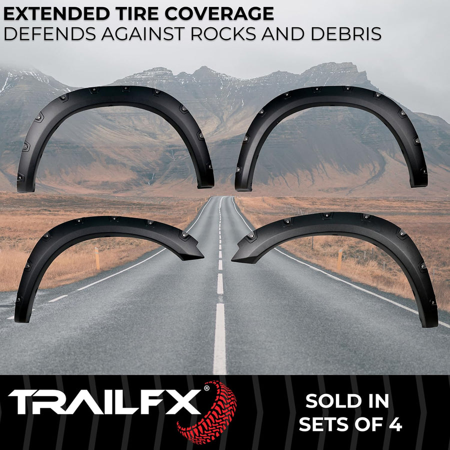 TrailFX Fender Flares Pocket Style for Ram 1500 2011-2018 Black Textured Paintable Polypropylene Set of 4 with Stainless and Black Steel Rivets TrailFX TFD3002T