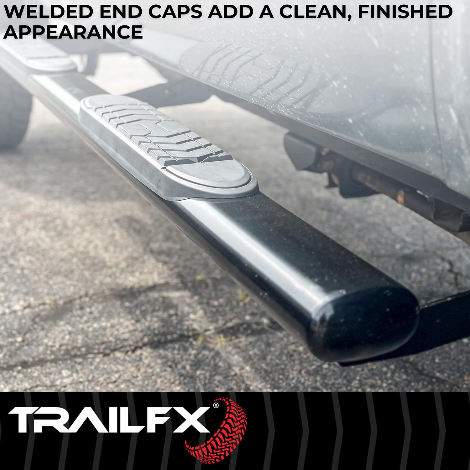 Trail FX 5 Inch Oval Straight Side Step Bars with Step Pads and Bed Step Fits 2024-2025 Toyota Tacoma Black Powder-Coated Steel Rocker Panel Mount Bolt On Installation TrailFX A7102T