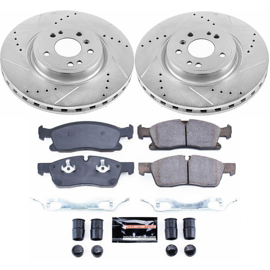 Power Stop K6897 Z23 Carbon Fiber Brake Pads with Drilled & Slotted Brake Rotors Kit and 1 Front Sensor Wire For Mercedes GLE300d, Mercedes GLE350, Mercedes ML, Mercedes ML350 [Model Specific]