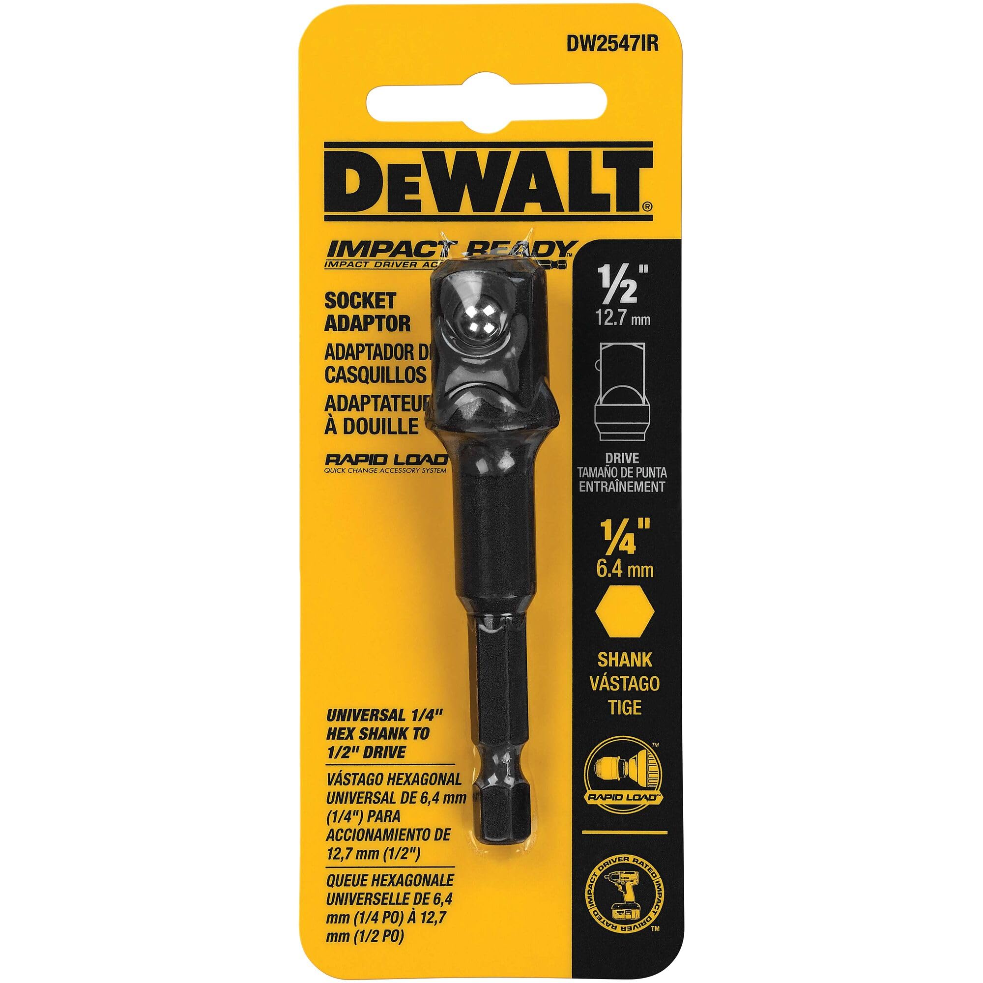 DEWALT Socket Adapter, Impact Hex Shank, 1/4-Inch To 1/2-Inch (DW2547IR)
