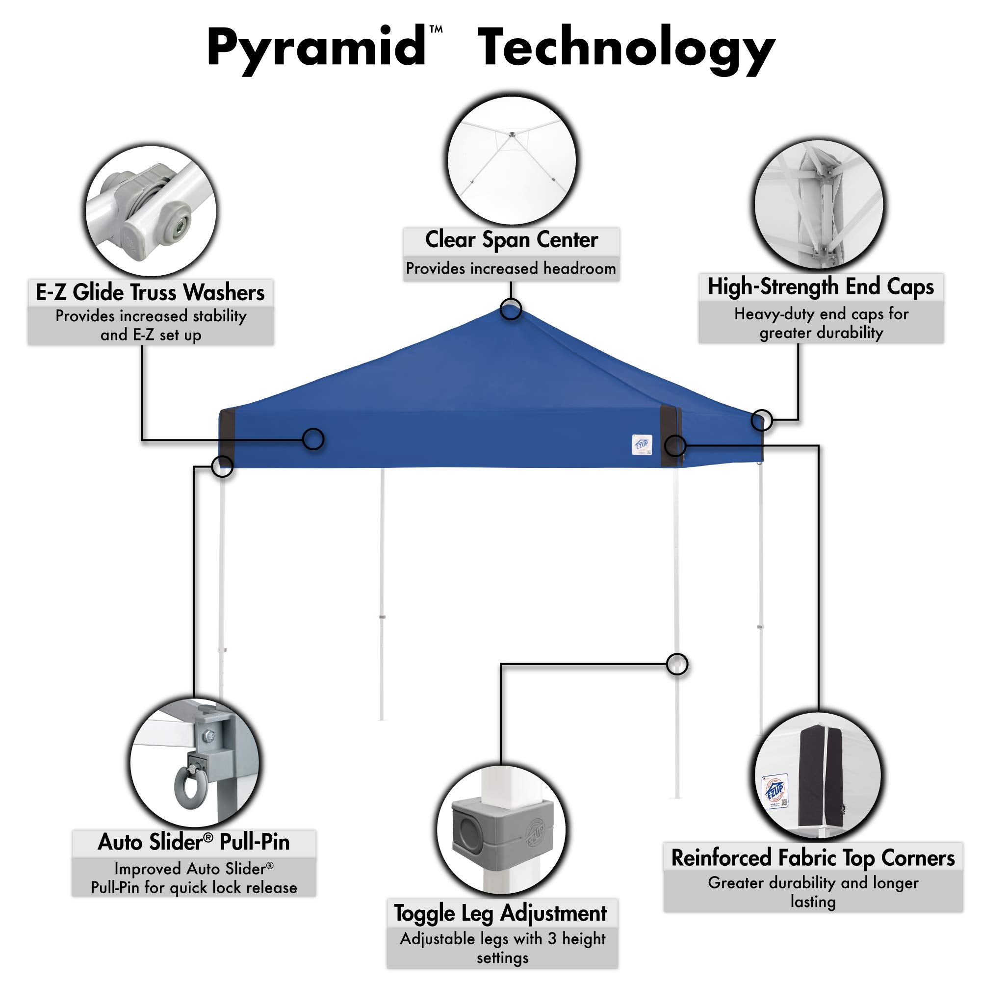 E-Z UP Instant Shelter Pyramid Canopy, 10' x 10' with Wide-Trax Roller Bag & 4 Piece Spike Set, Punch