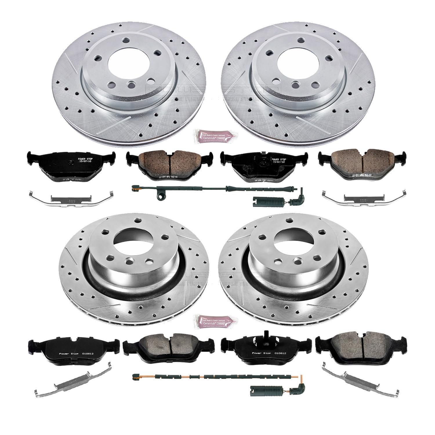 Power Stop K873 Z23 Carbon Fiber Brake Pads with Drilled & Slotted Brake Rotors Kit Front and Rear and 1 Front & 1 Rear Sensor Wires For BMW Z4 2003-2008 [Model Specific]