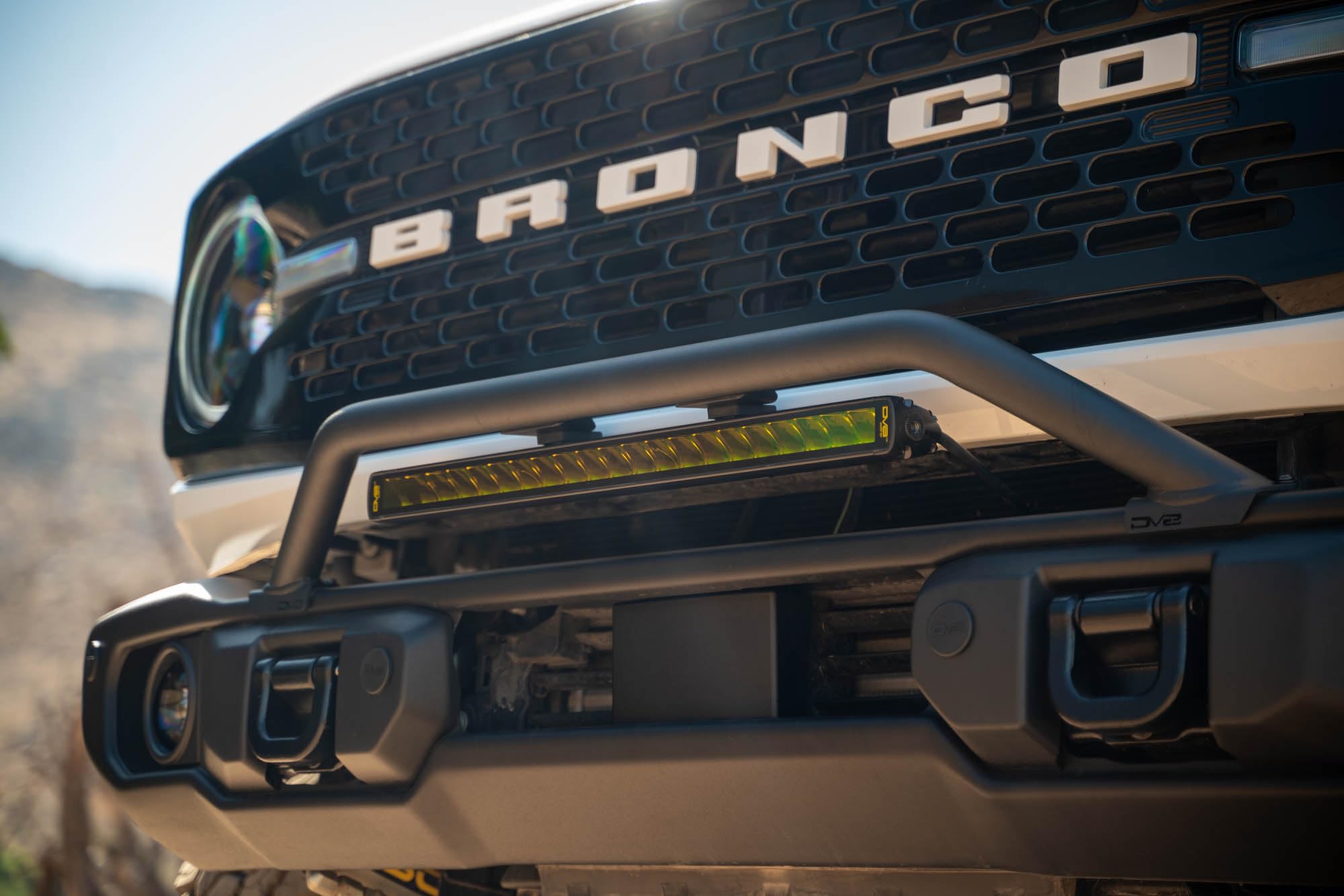 Capable DV8 Offroad Bull Bar for 2021-2025 Ford Bronco | Designed for The Capable Front Bumper | Compatible w/ (1) 13-20" Light Bar or 3" Pod Lights | Adjustable & Removable Light Tabs | Steel