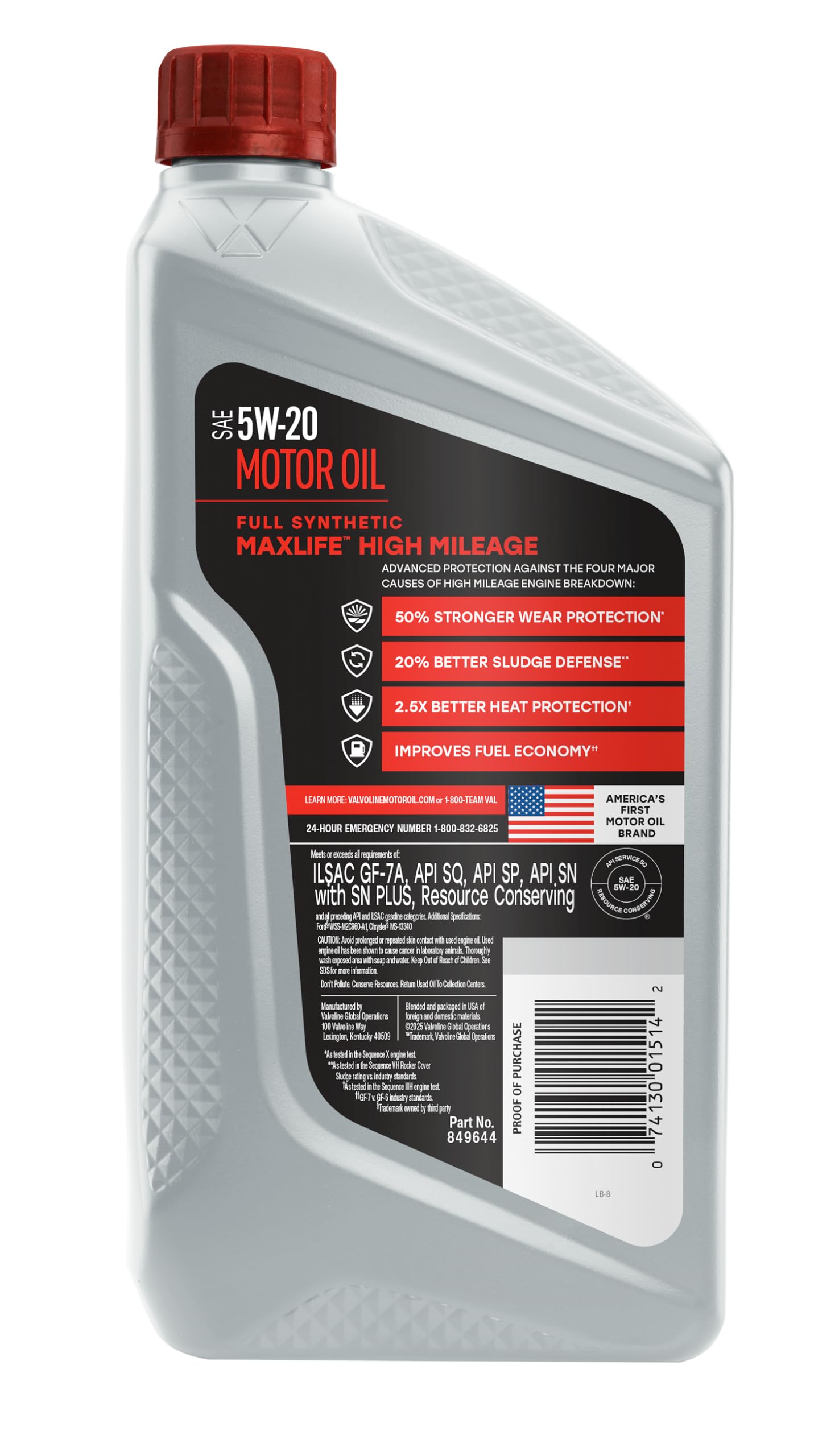 Valvoline High Mileage Full Synthetic with MaxLife Technology SAE 5W-20 Motor Oil 1 QT, Case of 6