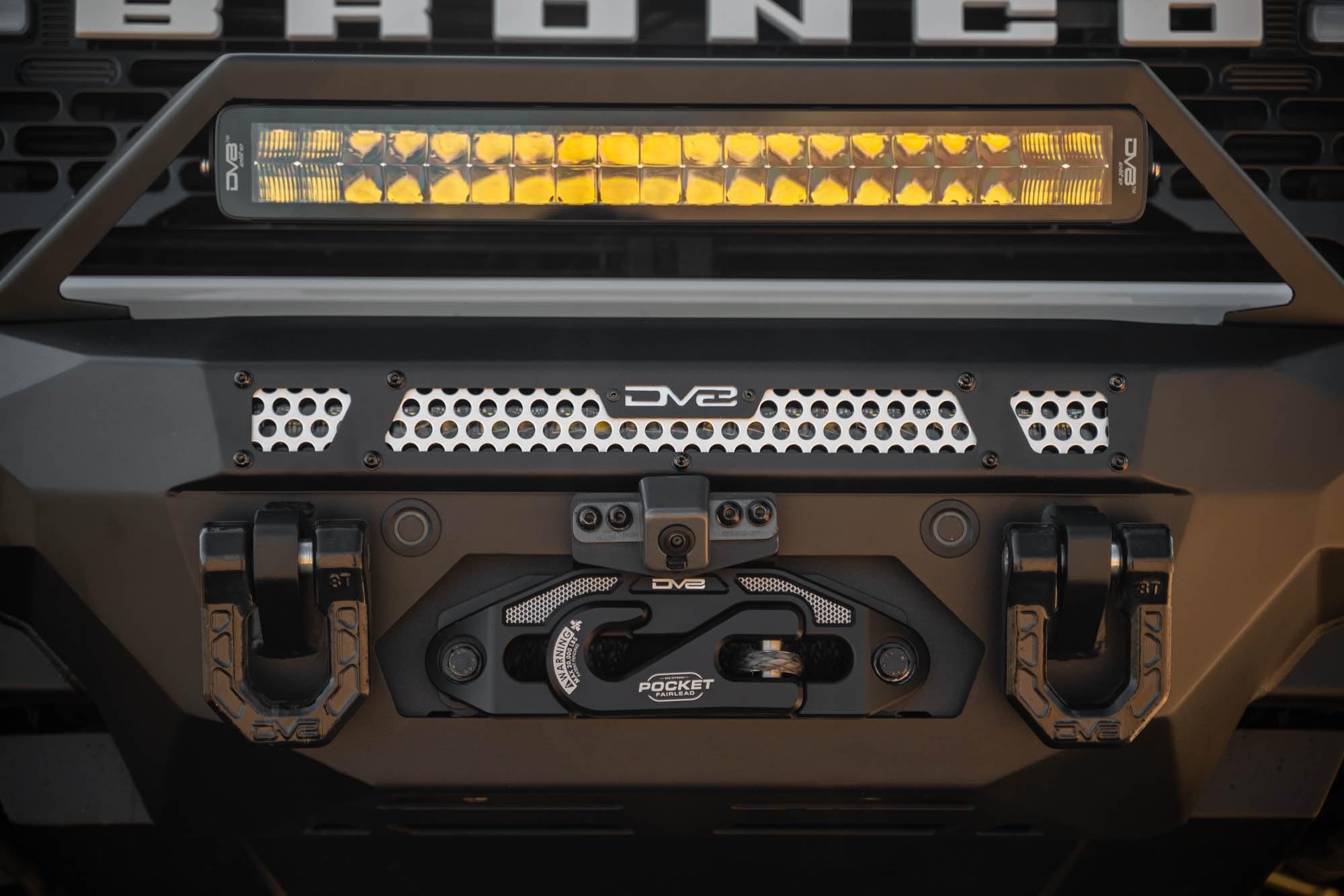 MTO V2 DV8 Front Bumper for 2021-2025 Ford Bronco | Hidden Heavy-Duty Winch Mount | Included Steel Bull Bar | Light Bar & Pod Light Mounts | Two D-Ring Mounts | Micro-Texture Black Powder Coat | Steel