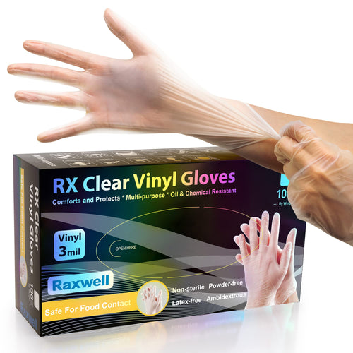 3 Mil Raxwell Clear Vinyl Plastic Gloves - Food Grade & Powder-Free for Food Prep - Ambidextrous Fit for Cooking Gloves & Kitchen Use - Latex-Free Allergy-Friendly Design - 100 Pk, XL, Clear