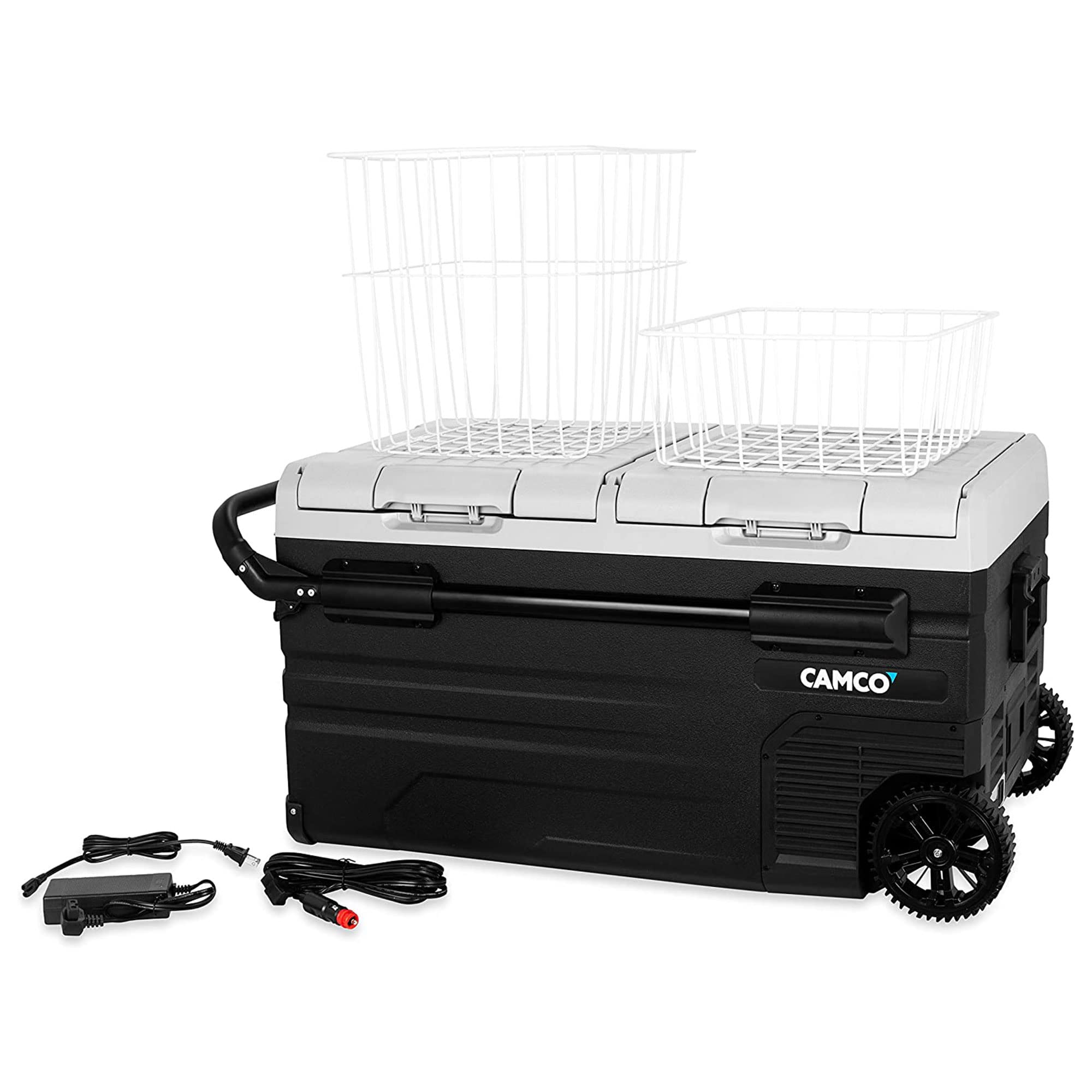 Camco 51520 Portable Refrigerator CAM-750, AC 110V/DC 12V Compact Fridge/Freezer with Dual Zone Cooling, 75-Liter - Keeps Food and Drinks Cold While On-the-Go - Ideal for Road Trips, RVing, Camping, B , Black
