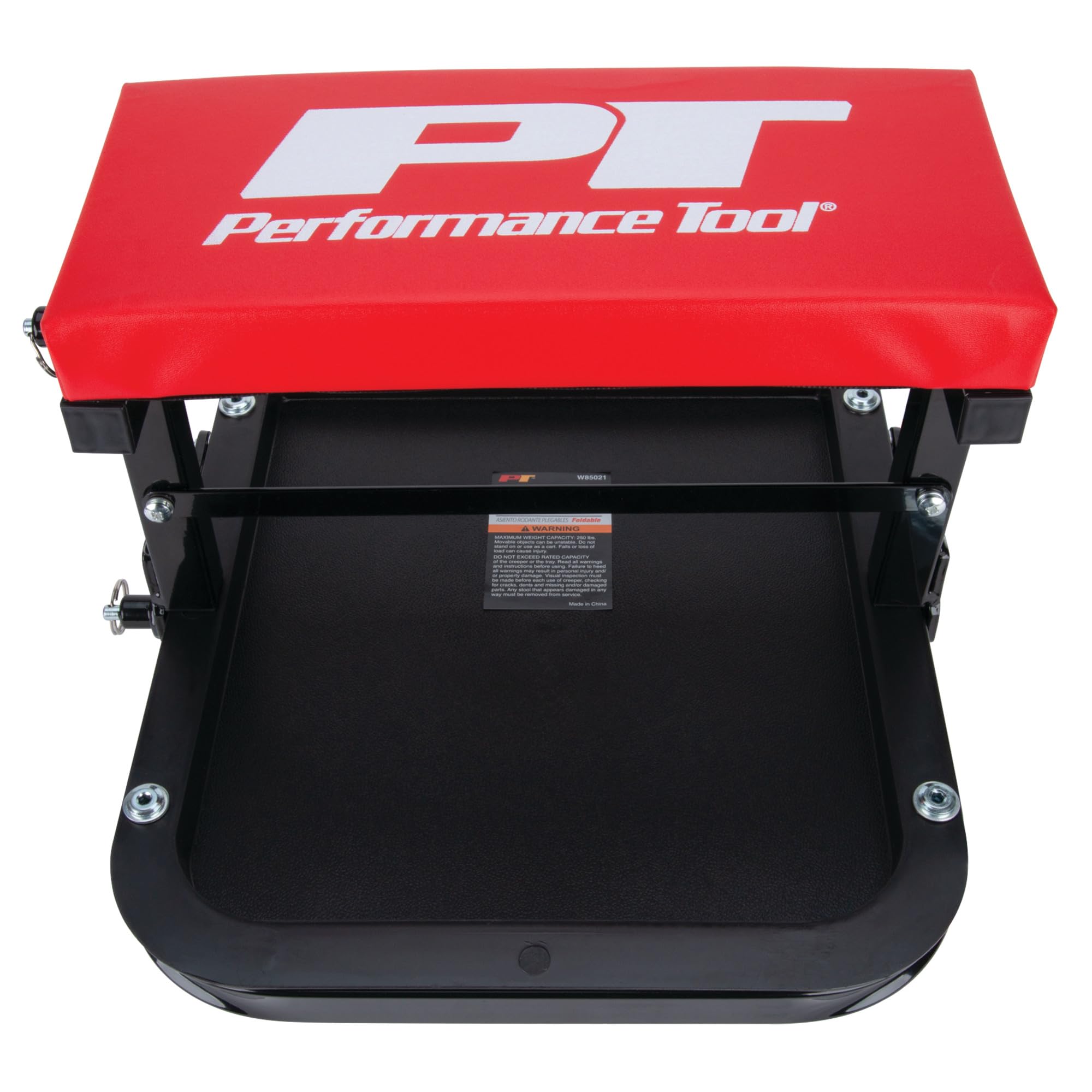 Folding C-Frame Creeper Performance Tool W85021 Rolling Work Seat with Tool Tray for Mechanic Garages and Workshops, Black/Red, 12.5-inch Height