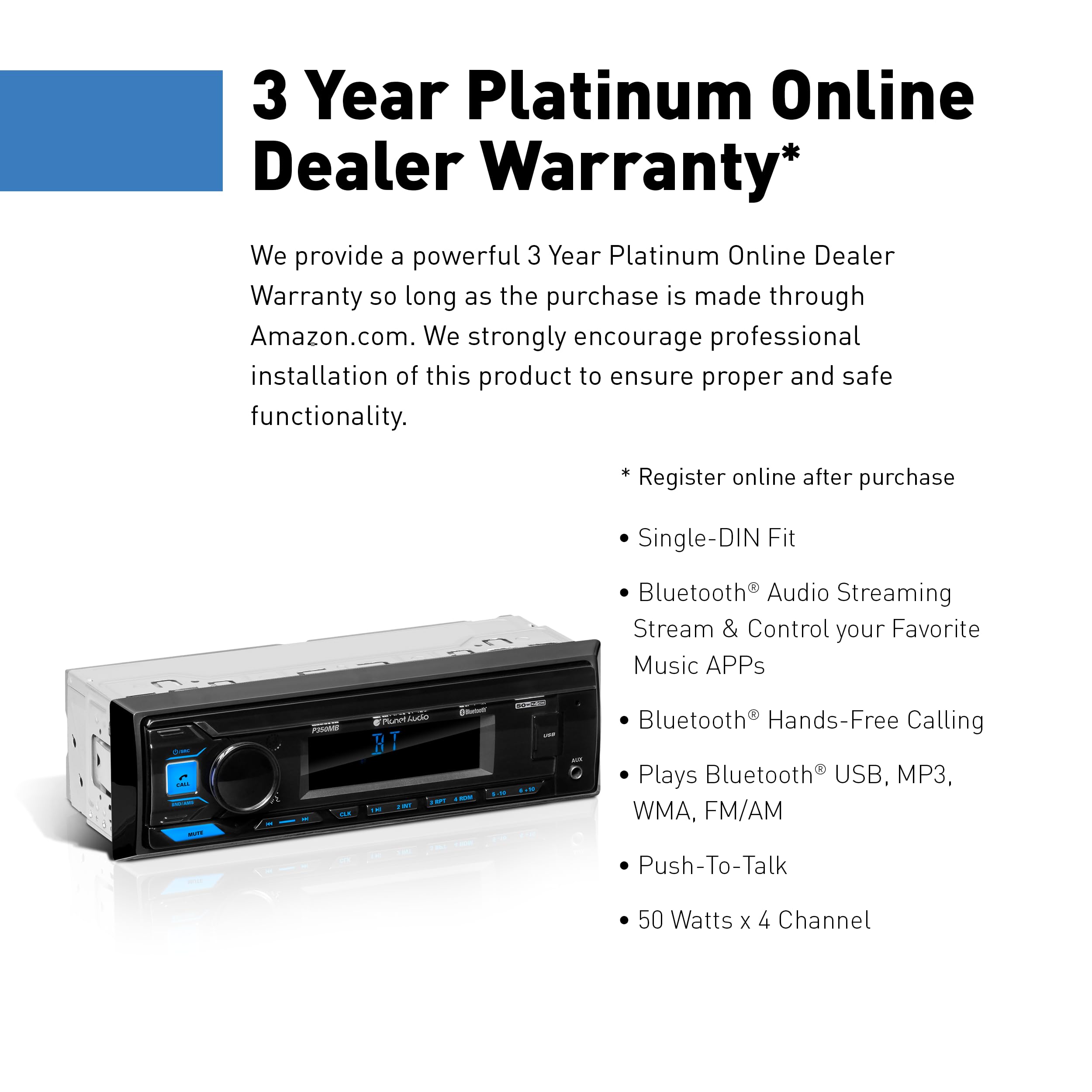 P350MB Planet Audio Car Audio Stereo System - Single Din, Bluetooth Audio and Hands-Free Calling, MP3, USB Audio, USB Charging, AUX Input, AM/FM Radio Receiver, No CD Player