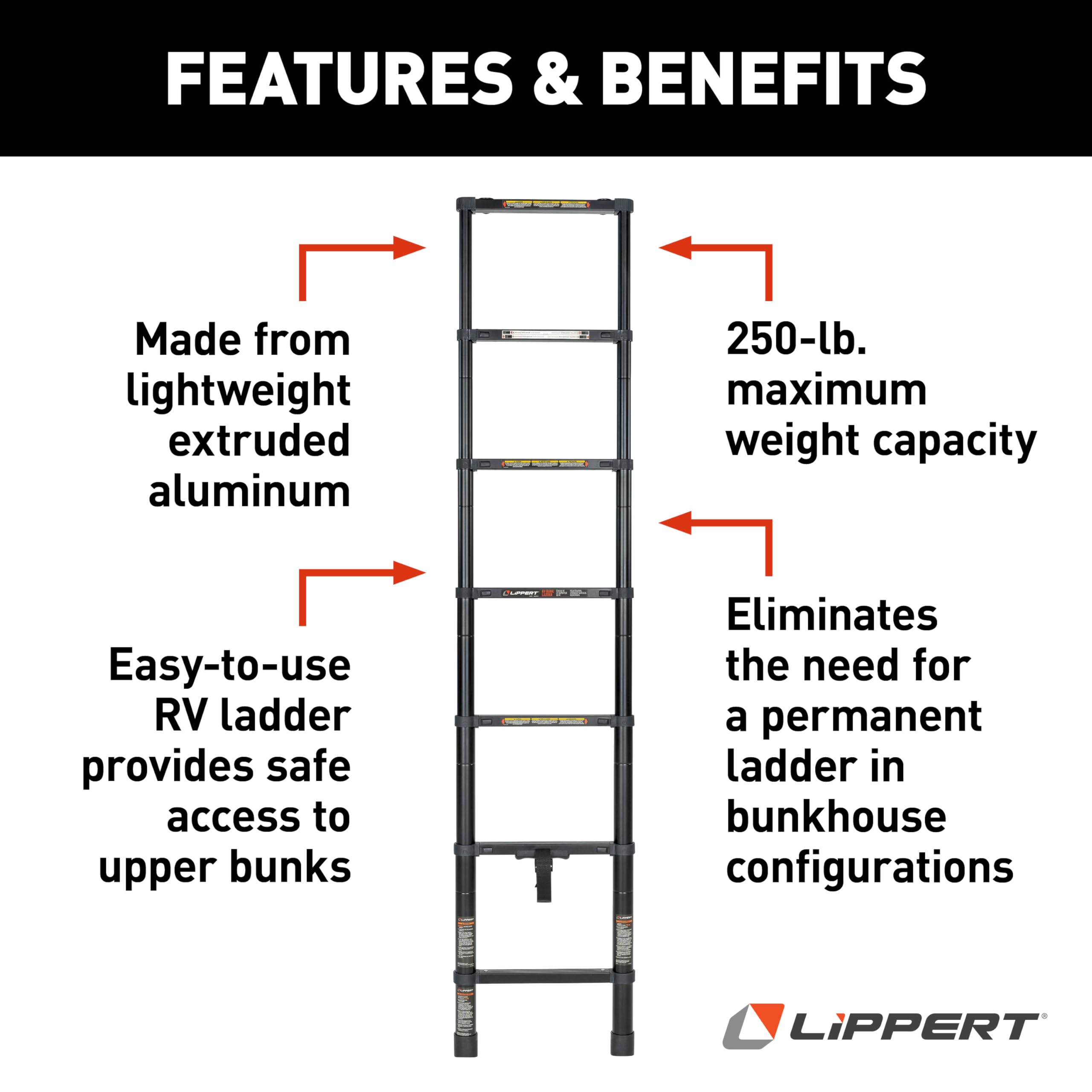 Lippert RV Bunk Bed Collapsible Ladder with 7’ Length, 250-lb. Weight Capacity, Telescoping Design, Two Female Attachment Brackets Included - 2024044562