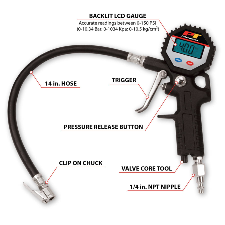 Digital Tire Pressure Gauge Performance Tool M525, Straight Lock-On Air Chuck, LCD Backlit Screen, Digital Tire Inflator with hose