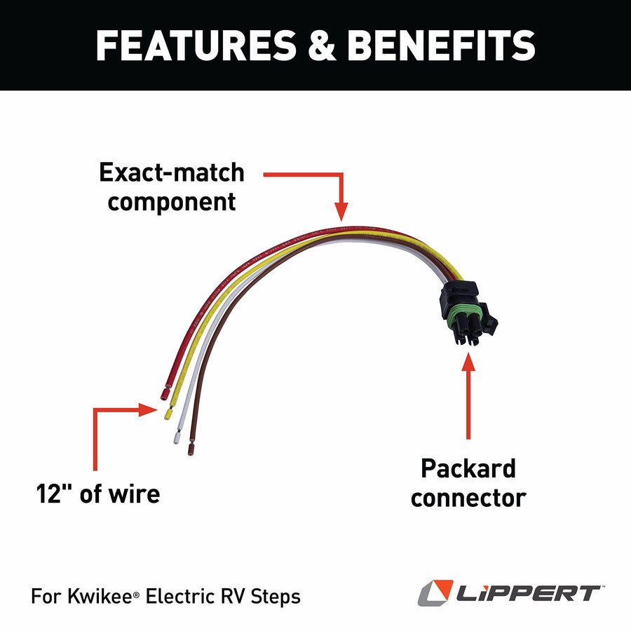 Kwikee Electric RV Step Replacement 4-Way Wiring Plug with Packard Connector for 5th Wheel RVs, Travel Trailers and Motorhomes, 4-Pin Pre-Wired Harness with Male Connection - 369243