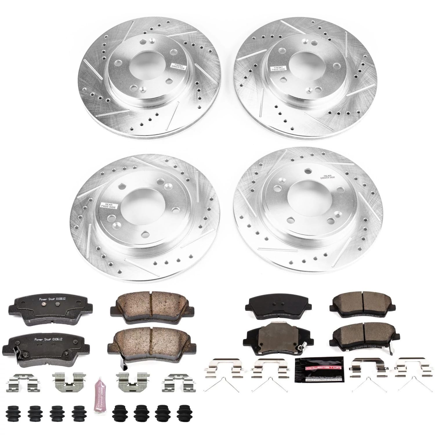 Power Stop K7929 Z23 Carbon Fiber Brake Pads Front and Rear with Drilled & Slotted Brake Rotors Kit For Hyundai Ioniq 2017-2022, Kia Niro 2017-2022 [Model Specific]