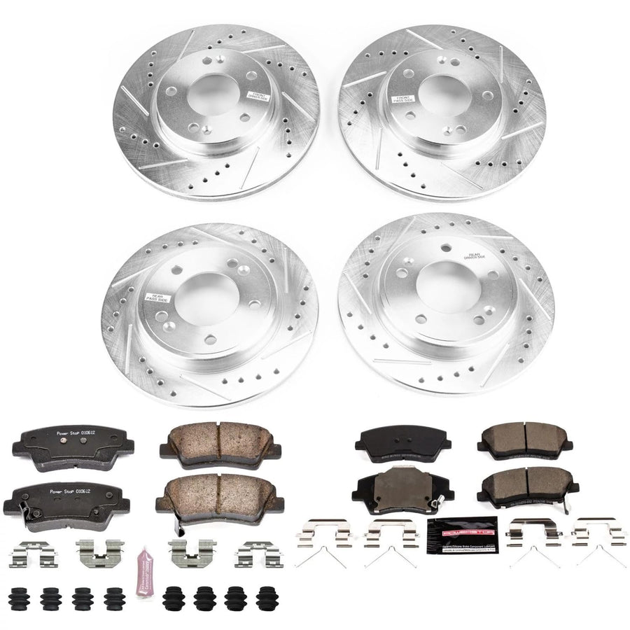 Power Stop K7929 Z23 Carbon Fiber Brake Pads Front and Rear with Drilled & Slotted Brake Rotors Kit For Hyundai Ioniq 2017-2022, Kia Niro 2017-2022 [Model Specific]