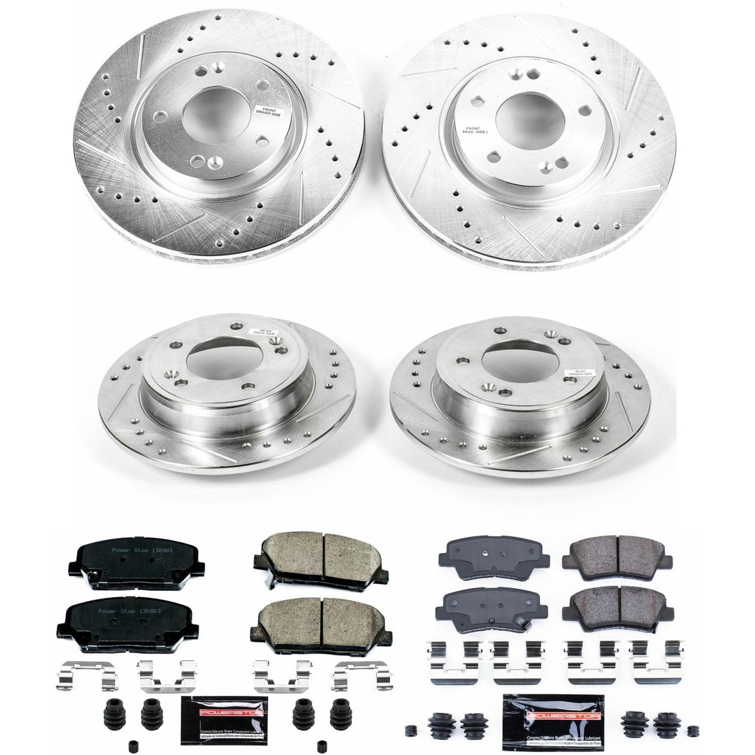Power Stop K6485 Z23 Carbon Fiber Brake Pads Front and Rear with Drilled & Slotted Brake Rotors Kit For Hyundai Veloster 2013-2015 [Model Specific]