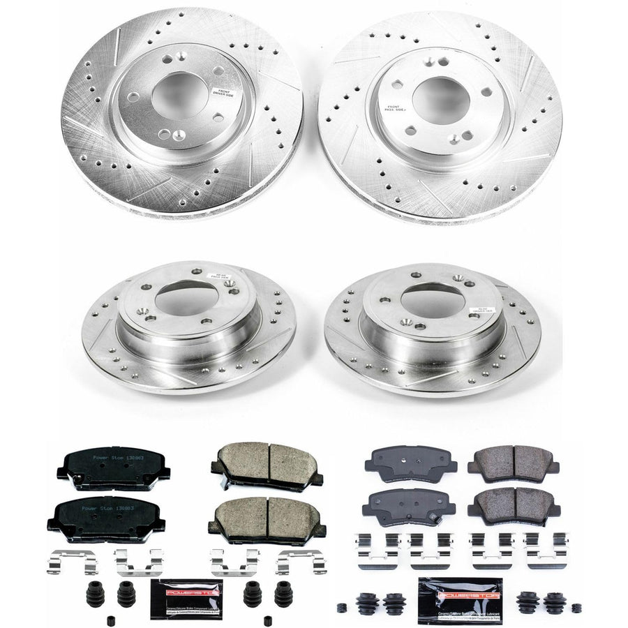 Power Stop K6485 Z23 Carbon Fiber Brake Pads Front and Rear with Drilled & Slotted Brake Rotors Kit For Hyundai Veloster 2013-2015 [Model Specific]
