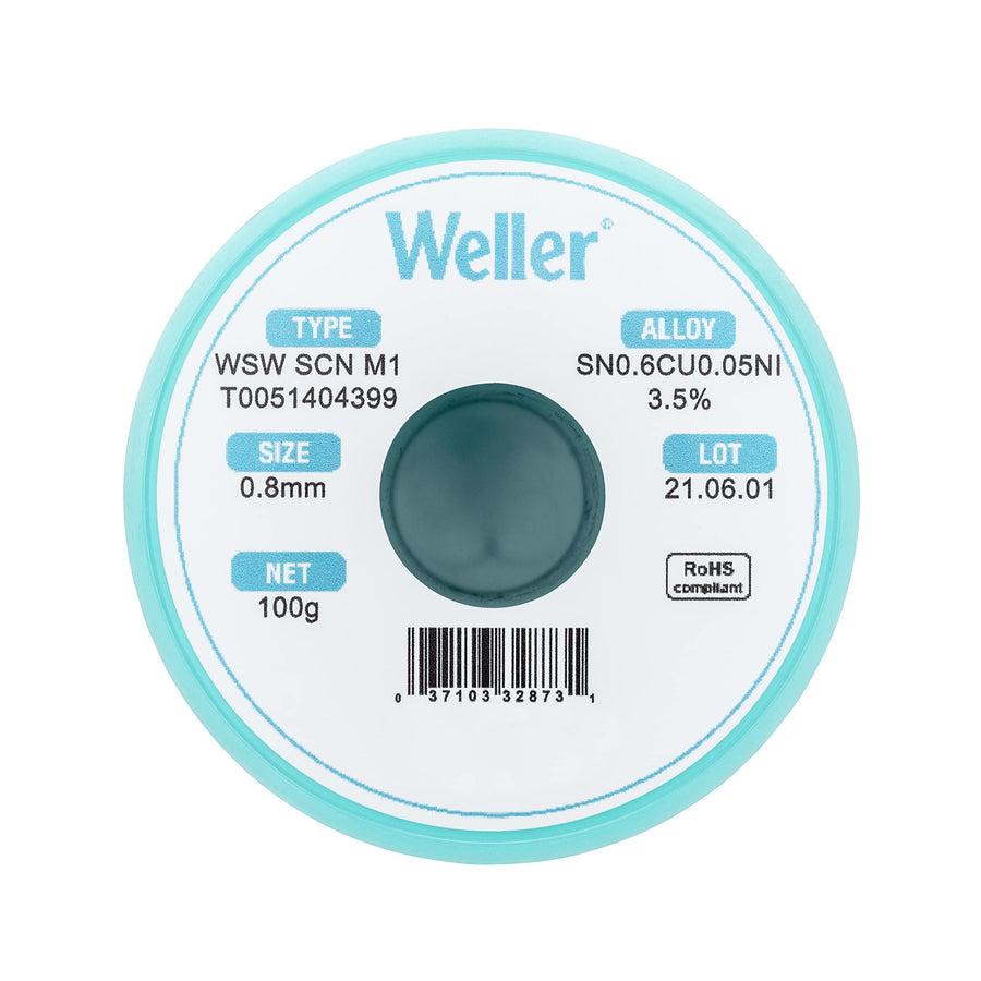 Weller Lead Free Solder Wire WSW SCN M1 (T0051404399), Dia: 0.8 mm / 0.039 in, Wt: 100 g / 3.527 oz, Alloy Sn99.3Cu0.6Ni0.05, Flux content 3.5%