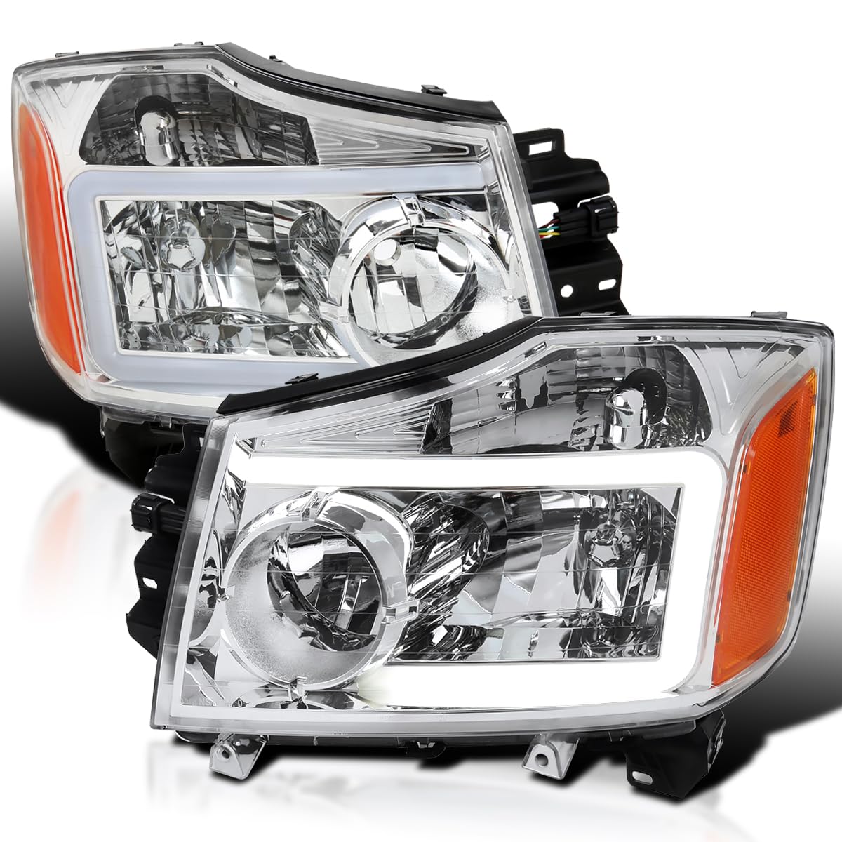Chrome Headlights SPEC-D TUNING w/LED Light Bar Compatible with 2004-2015 Nissan Titan, 2004-2007 Armada, Left + Right Pair Headlamp Assembly