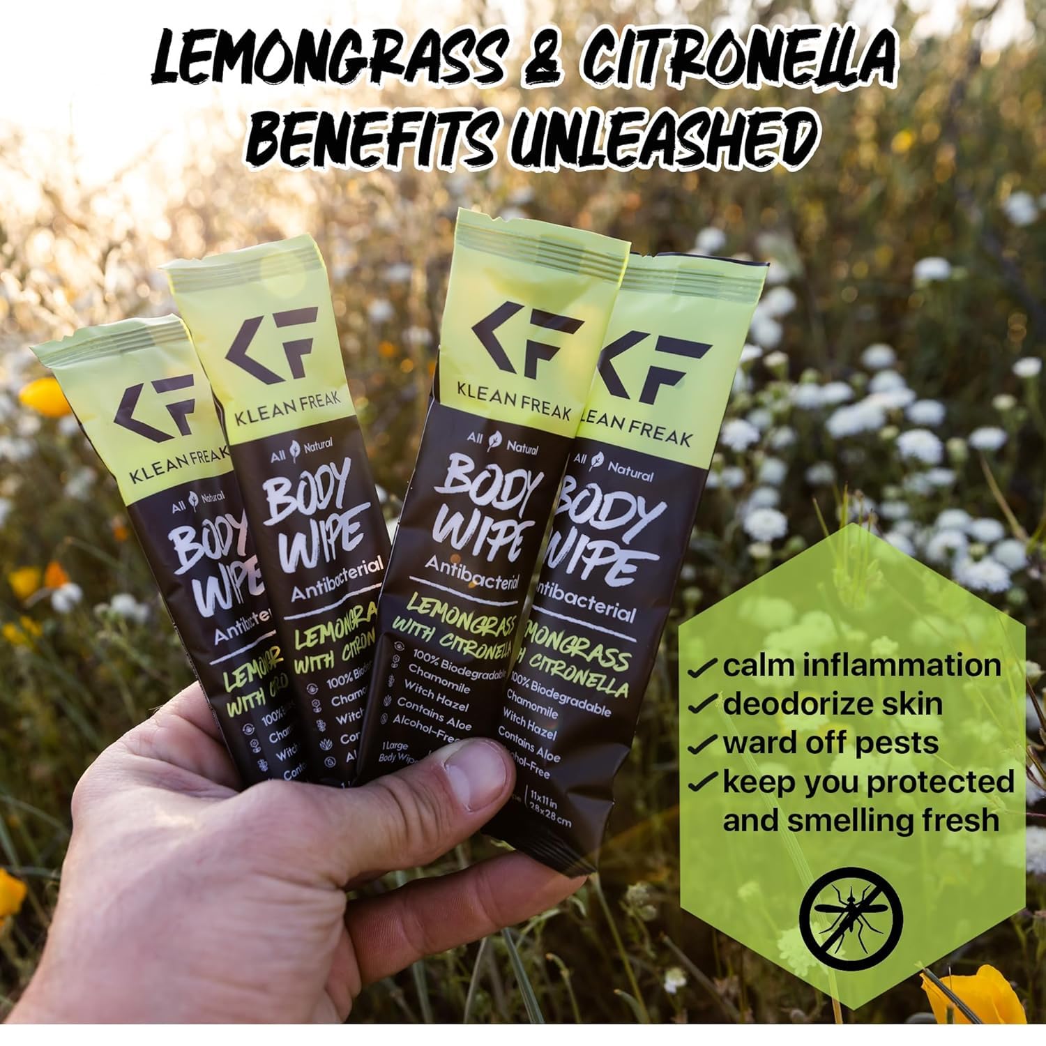 The Klean Freak Body Wipes - Individually Wrapped 12 count | Showerless Body Wipe for Women & Men | Sustainable Bodywipes for Gym, Travel, Camping | Lemongrass Citronella
