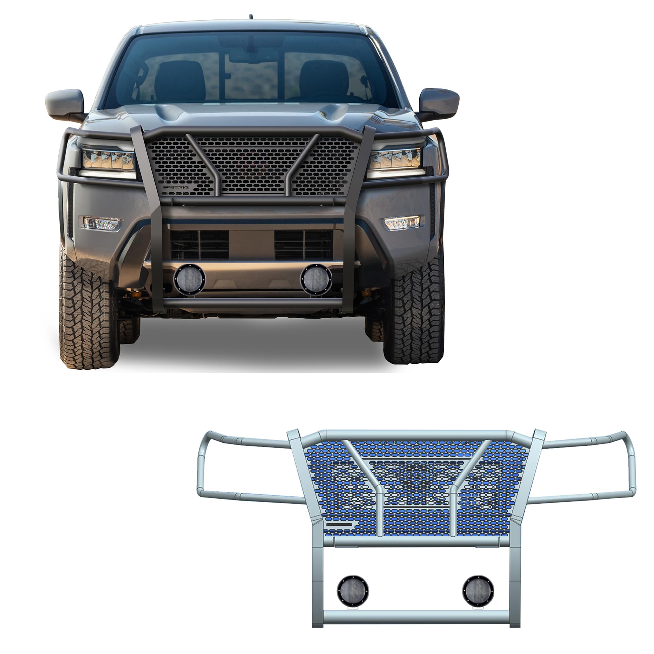 Heavy Duty Black Horse Rugged Grille Brush Bumper Guard Modular Black Come with Pair of 5.3" Dia.LED Lights with Black Trim Rings Compatible with 2022-2024 Nissan Frontier-RU-NIFR22-B-PLFB