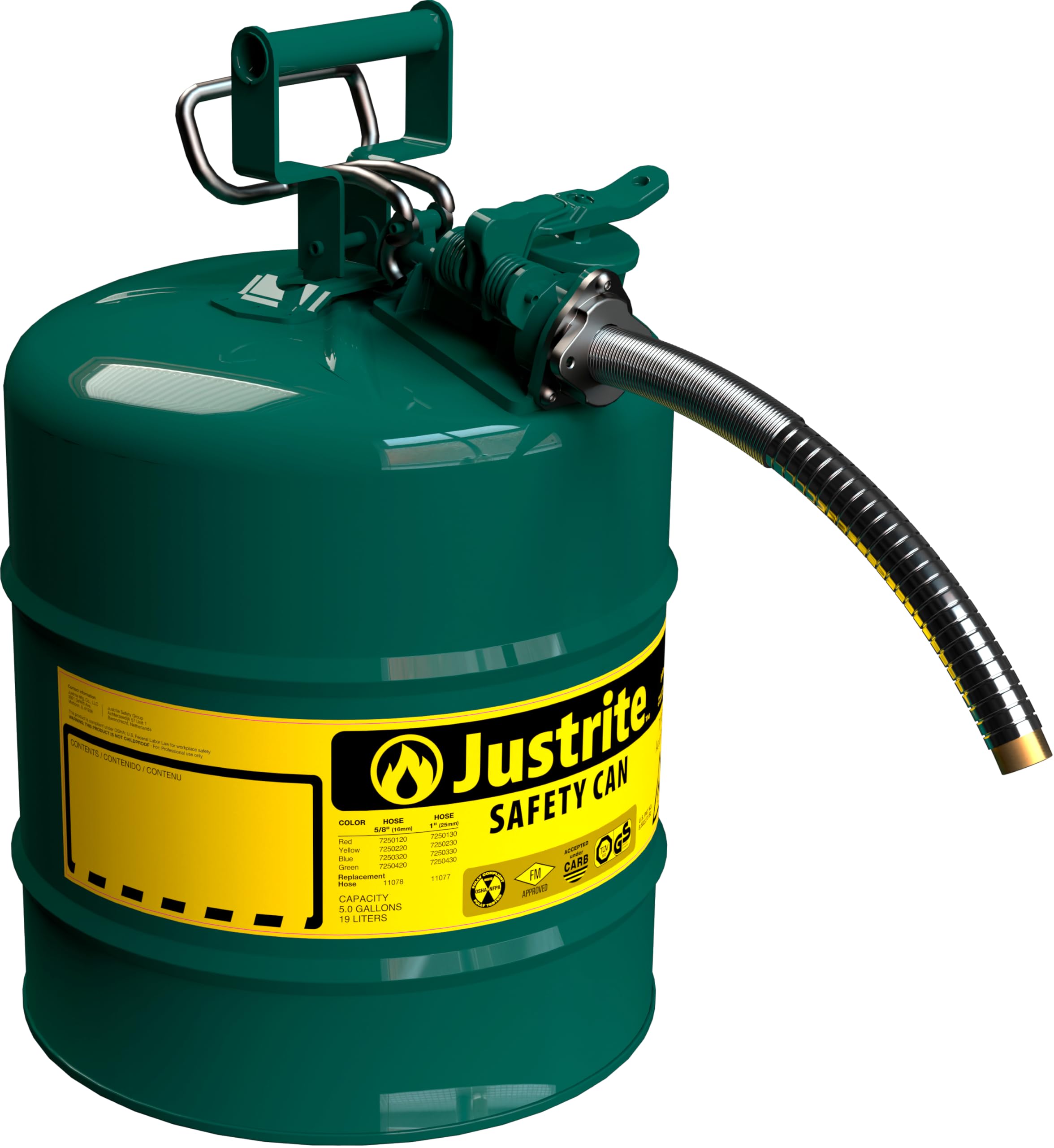 Justrite 5 Gallon Green Type II Safety Can for Oil with Flame Arrester, Self-Closing Lid, and 1" Flexible Metal Spout, Made in the USA, Galvanized Steel Flammable Storage Can, 7250430