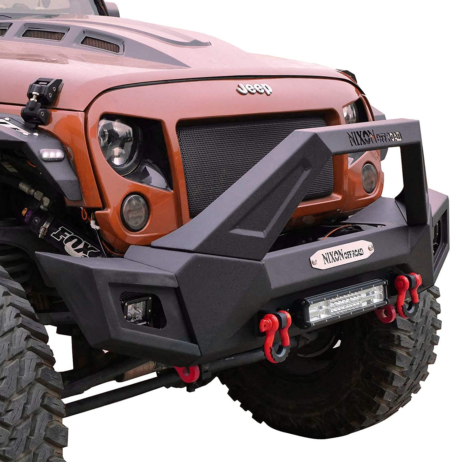 NIXON OFFROAD Front Bumper for Jeep Wrangler JK/JKU 2007-2018 2018-2026 JL/JLU 2019-2026 Gladiator JT Rock Crawler Off-Road Bumper W/Fog Light/Winch Plate Mounts & 2 LED Lights & 2 D-Ring Shackles