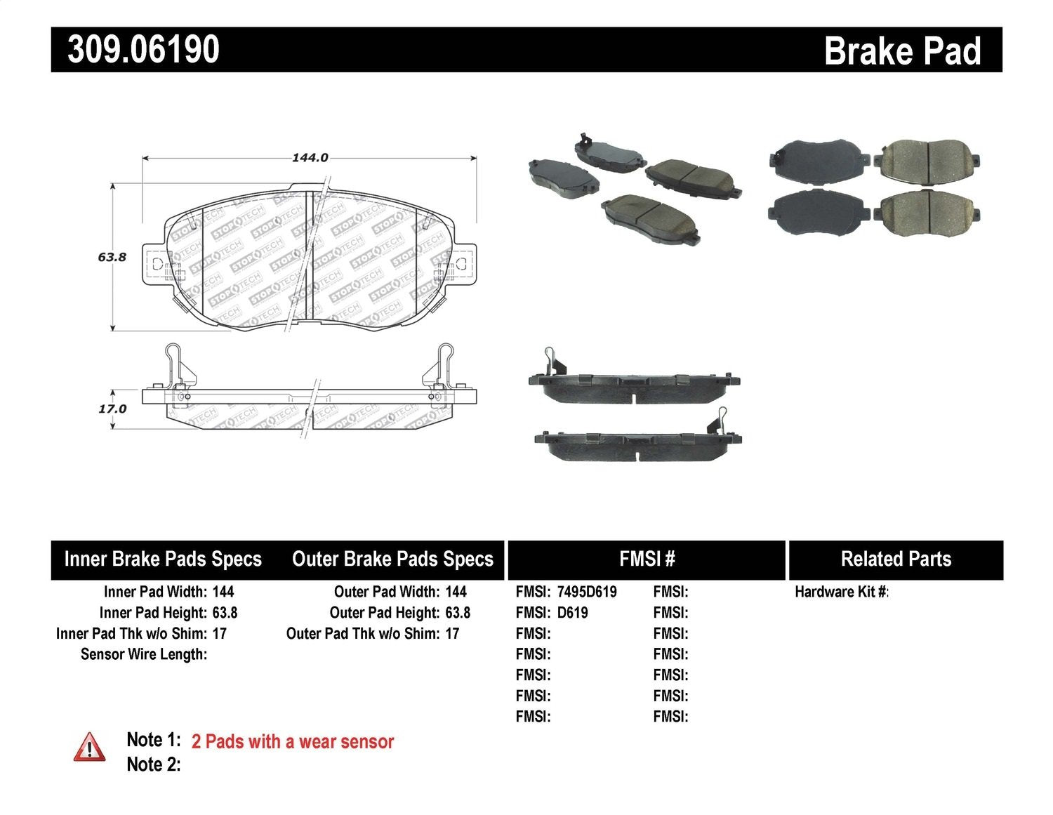 Sport Brake Pads StopTech 309.06190 with Shims and Hardware