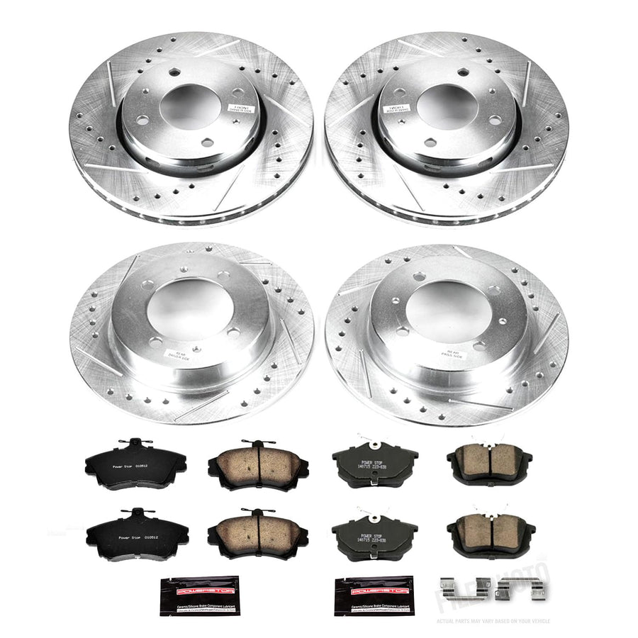 Power Stop K912 Z23 Carbon Fiber Brake Pads Front and Rear with Drilled & Slotted Brake Rotors Kit For Volvo S40 2000-2004, Volvo V40 2000-2004 [Model Specific]