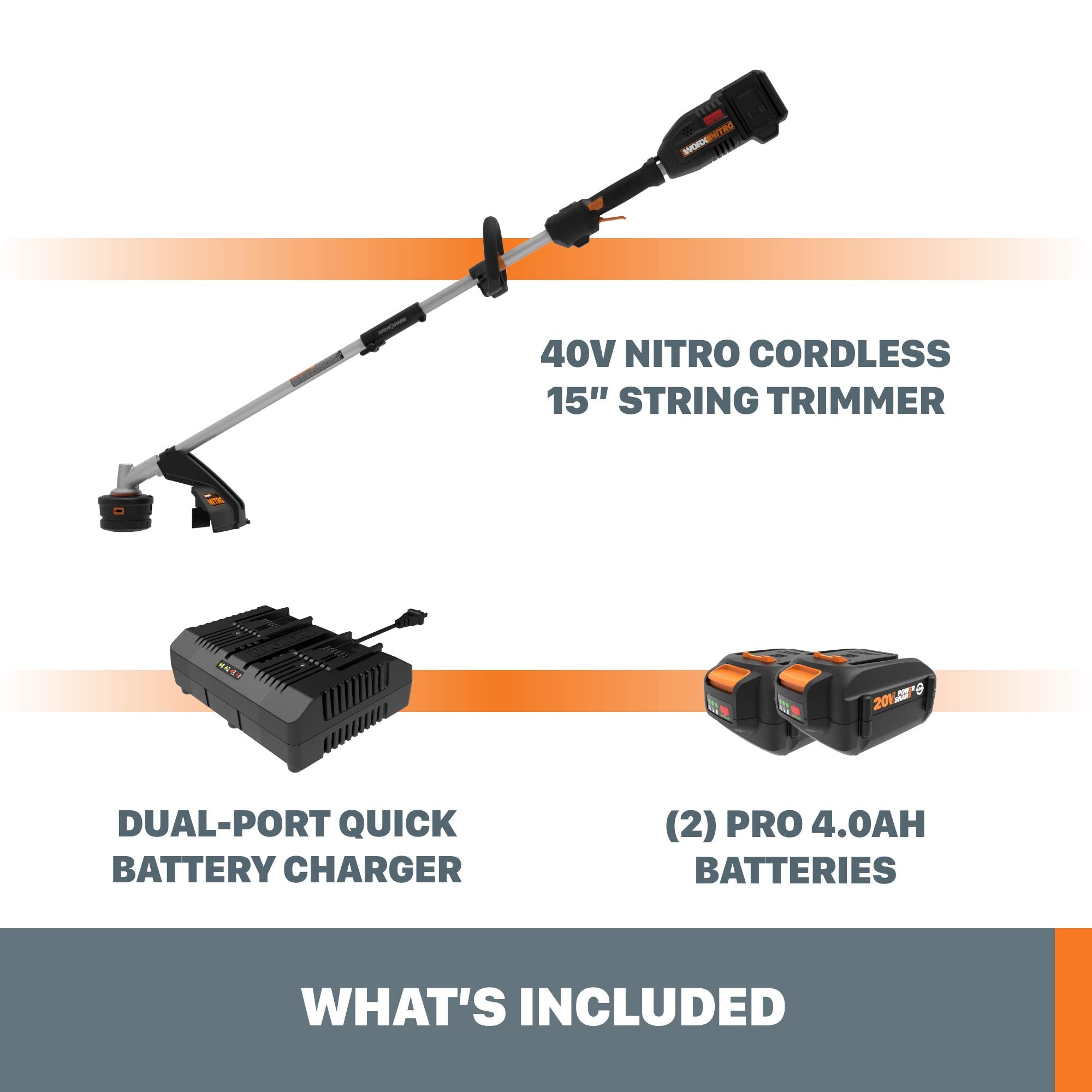 Worx Nitro 40V Power Share PRO Attachment-Capable 15" Cordless Driveshare String Trimmer (Batteries & Charger Included)