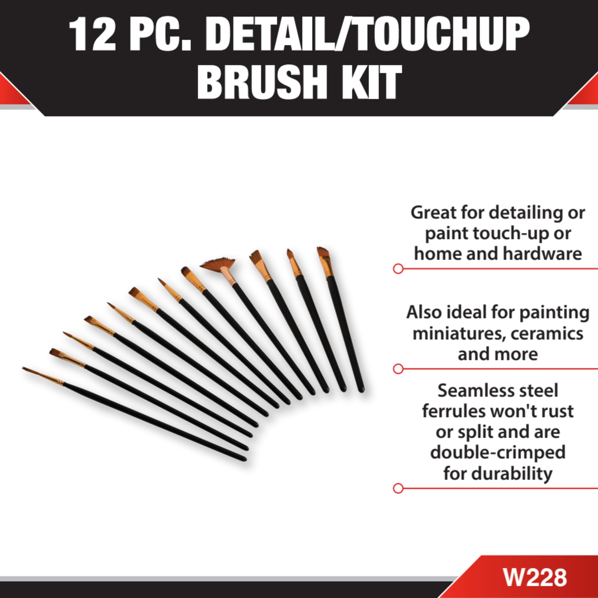 12-Piece Performance Tool W228 Paint Brush Set with Nylon Bristles and Wooden Handles - Ideal for Automotive Detail, Home, and Art Projects