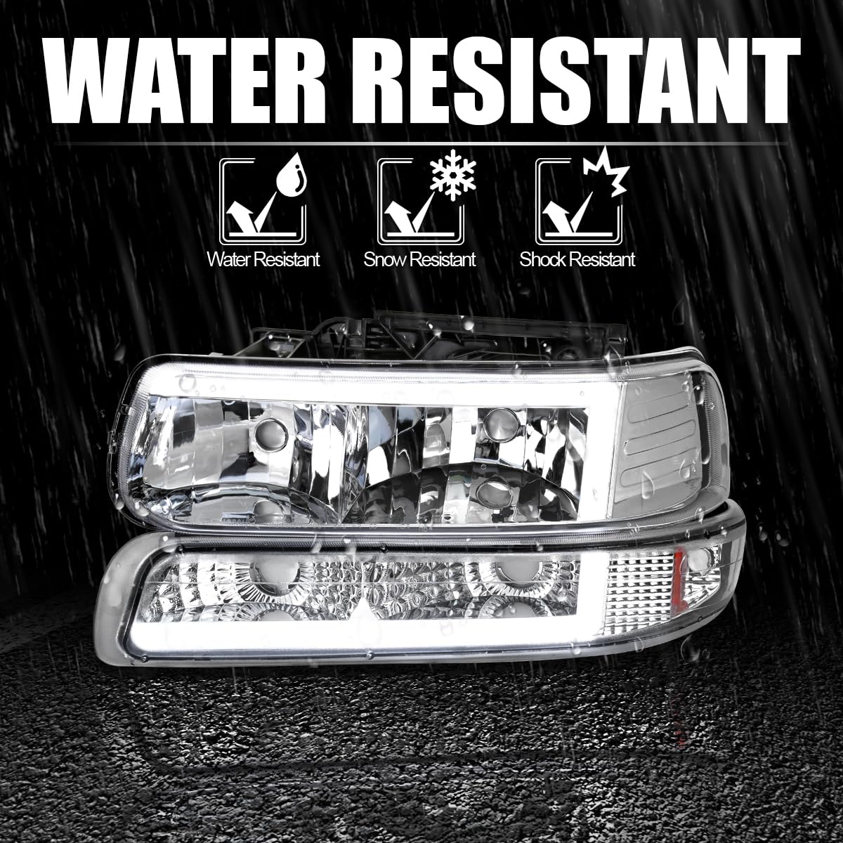 Chrome LED Bar Headlights + Bumper Lights SPEC-D TUNING Compatible with 1999-2002 Chevy Silverado 2000-2006 Tahoe Suburban, Left + Right Pair Headlamps Assembly