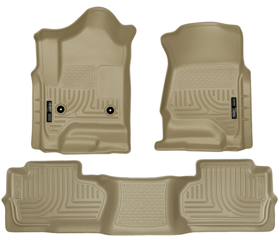 Husky Liners Floor Mats Weatherbeater | Fits 2014-2018 Chevrolet Silverado 1500 & GMC Sierra 1500; 2015-2019 Silverado/Sierra 2500/3500 Double CAB, Footwell Cvg | Front & 2nd Row, 3-pc Tan - 98243